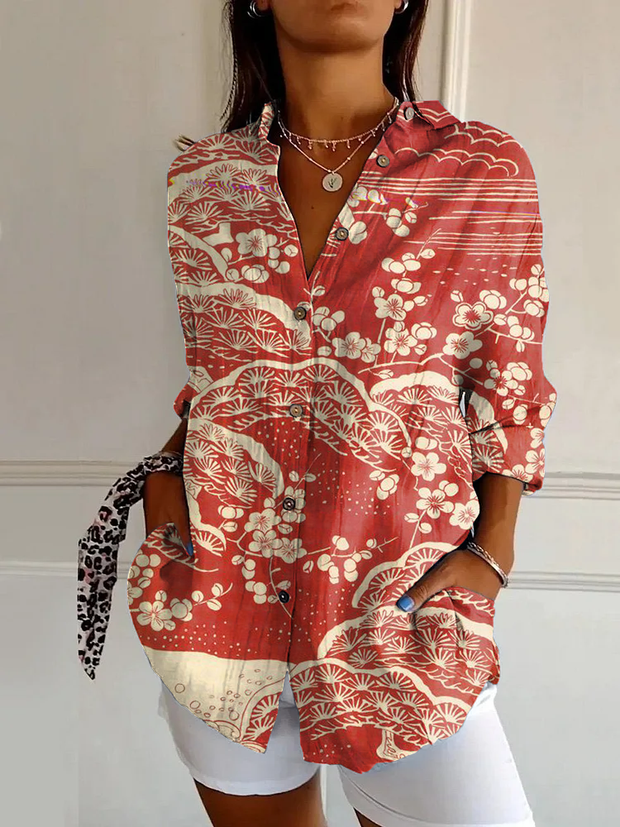 Japanese Classic Plum Blossom Print Casual Long-sleeved Shirt