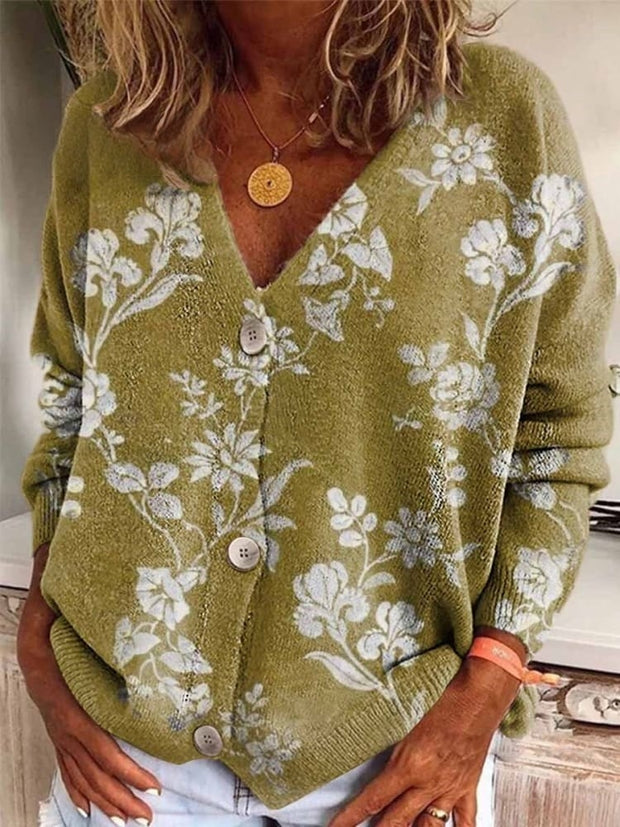 Printed Button V Neck Casual Cardigan