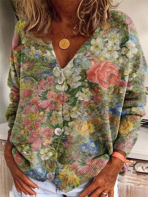 Ladies V Neck Printed Long Sleeve Button Casual Cardigan