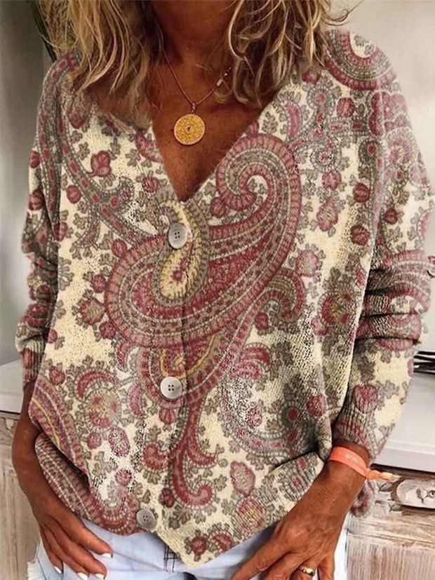 Women's V-Neck Paisley Print Long Sleeve Button Casual Cardigan