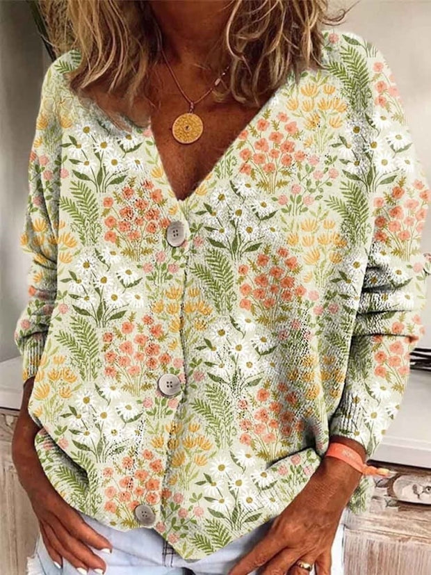 Women's V -neck Printing Long Sleeve Button Casual Cardigan