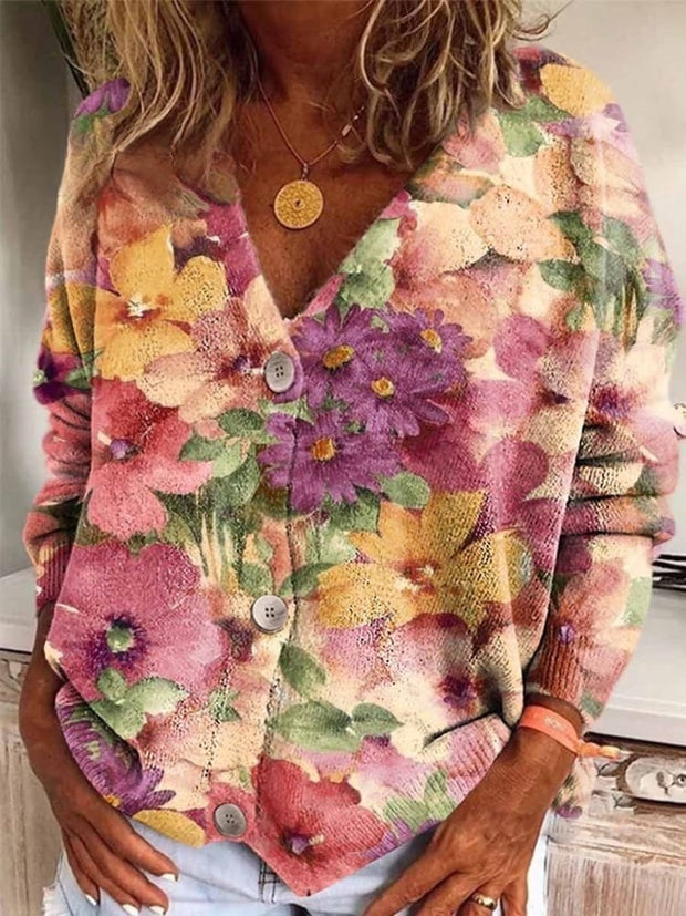 Women's V-neck Colorful Floral Long Sleeve Button Casual Cardigan