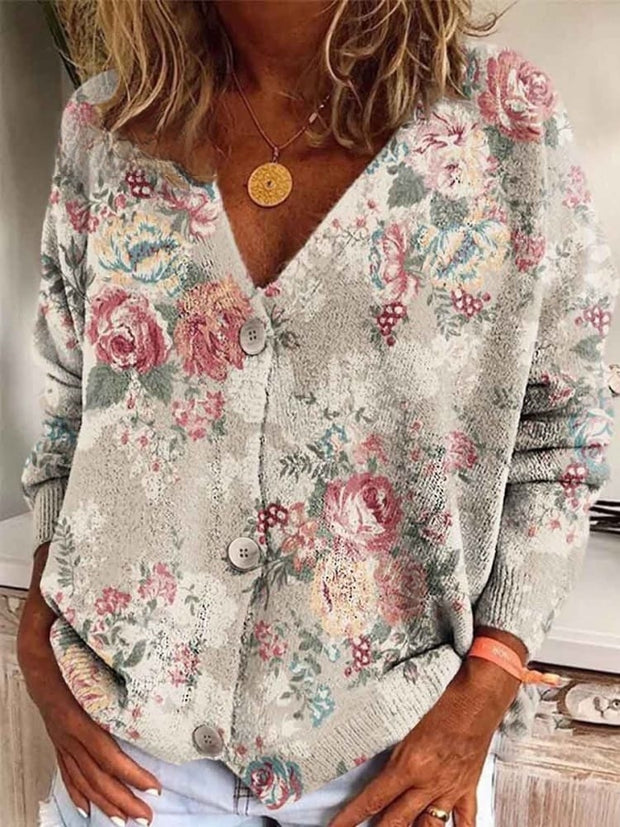 Ladies V-neck Positioning Print Long Sleeve Button Casual Cardigan