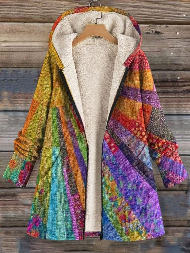 Women's Vintage Colorful Sun Collage Art Print Casual Winter Warm Cosy Long Sleeve Fleece Coat