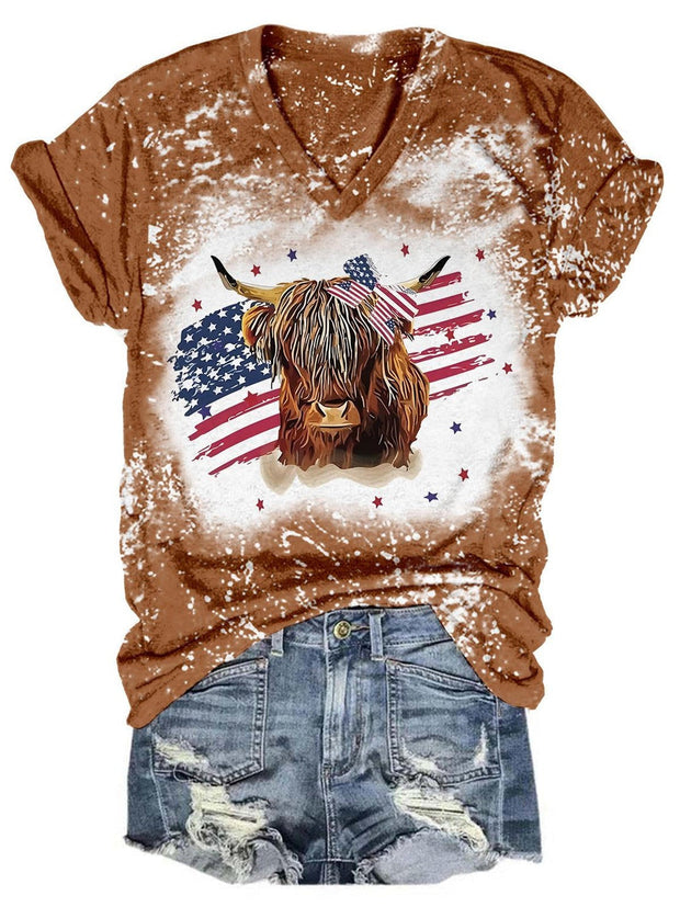 America Fag Highland Cow Print Tie Dye V Neck T-Shirt