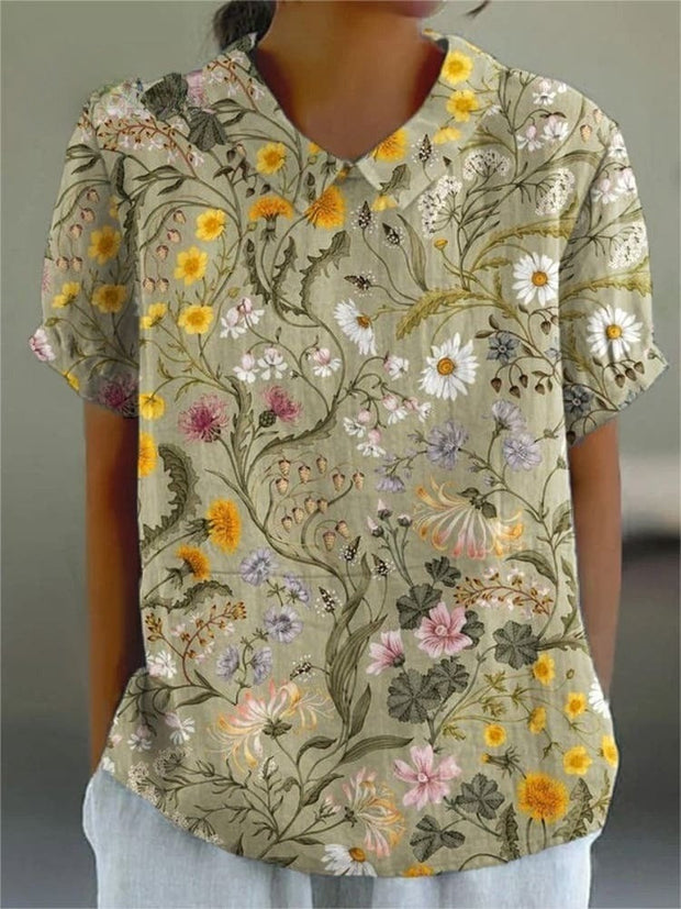 Women's Flower Art Print Casual Cotton And Linen Shirt