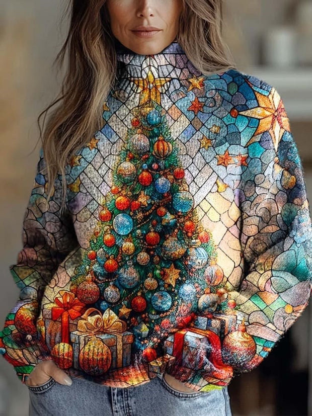 Women's Lovely Christmas Tree Art Print Knit Turtleneck Pullover Sweater