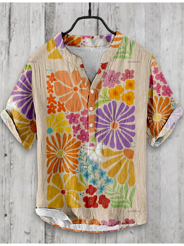 Multicolor Floral Japanese Art Linen Blend Shirt