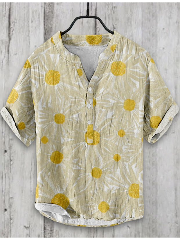 Light Yellow Floral Japanese Art Linen Blend Shirt