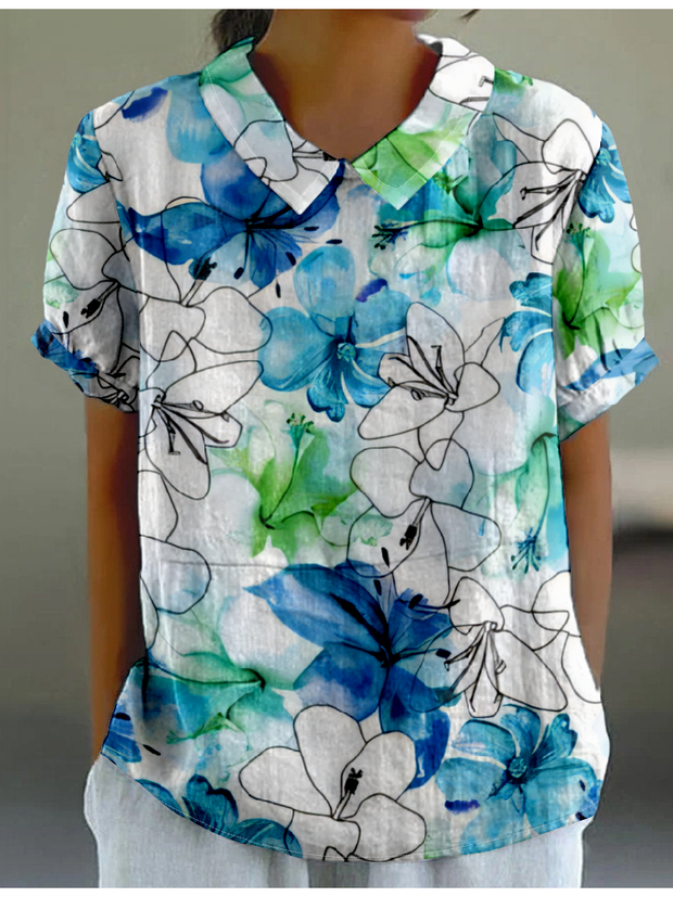 Women's Floral Print Casual Cotton and Linen Shirt