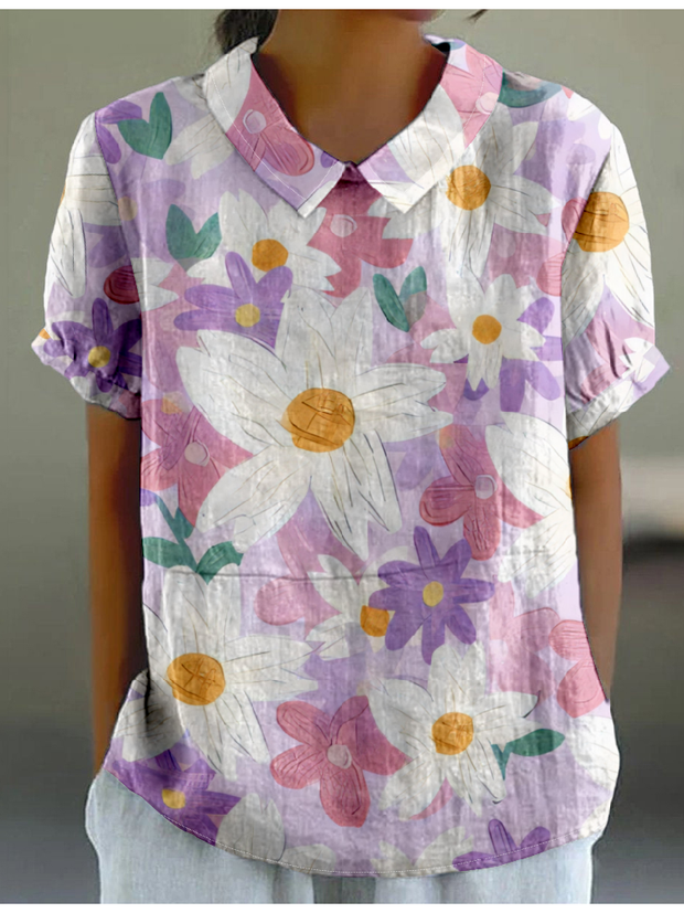 Women's Floral Print Casual Cotton and Linen Shirt