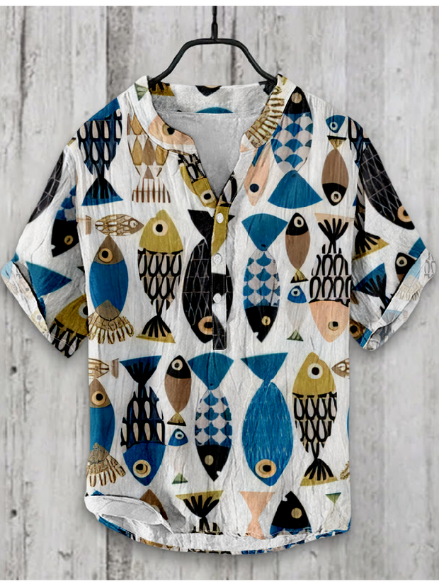 Japanese Fish Art Graphic Linen Blend Shirt