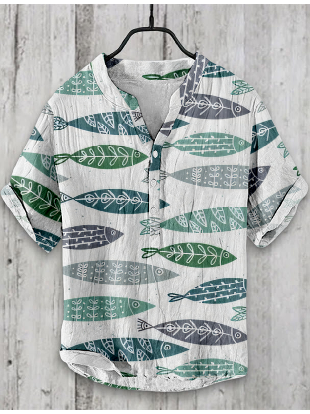 Japanese Fish Art Graphic Linen Blend Shirt