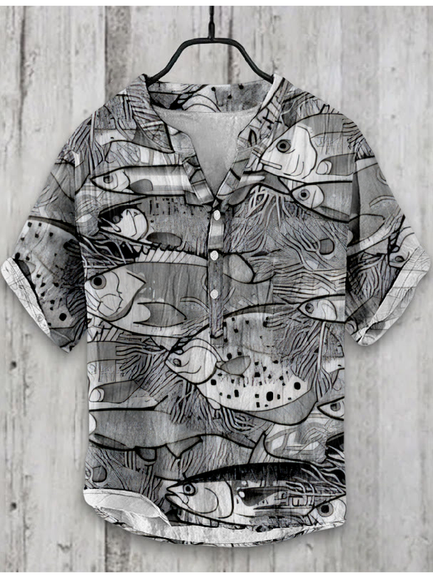 Japanese Fish Art Graphic Linen Blend Shirt