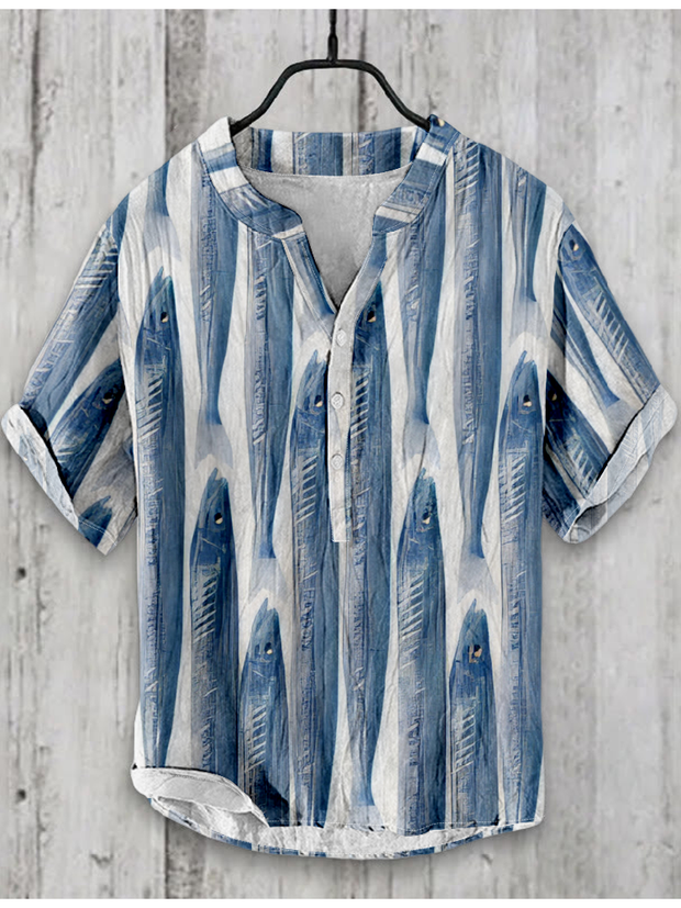 Japanese Fish Art Graphic Linen Blend Shirt