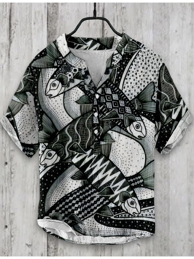 Japanese Fish Art Graphic Linen Blend Shirt