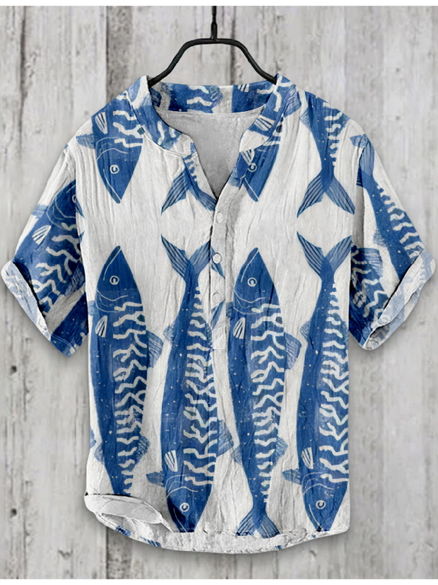 Japanese Fish Art Graphic Linen Blend Shirt