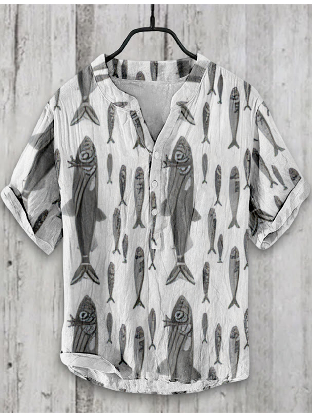 Japanese Fish Art Graphic Linen Blend Shirt