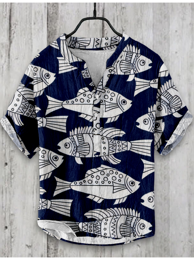 Japanese Fish Art Graphic Linen Blend Shirt