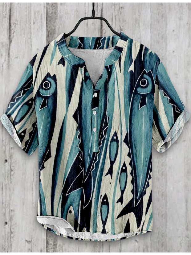 Japanese Fish Art Graphic Linen Blend Shirt