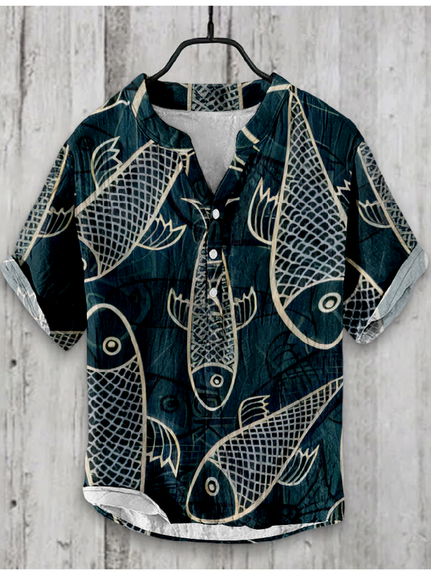 Japanese Fish Art Graphic Linen Blend Shirt