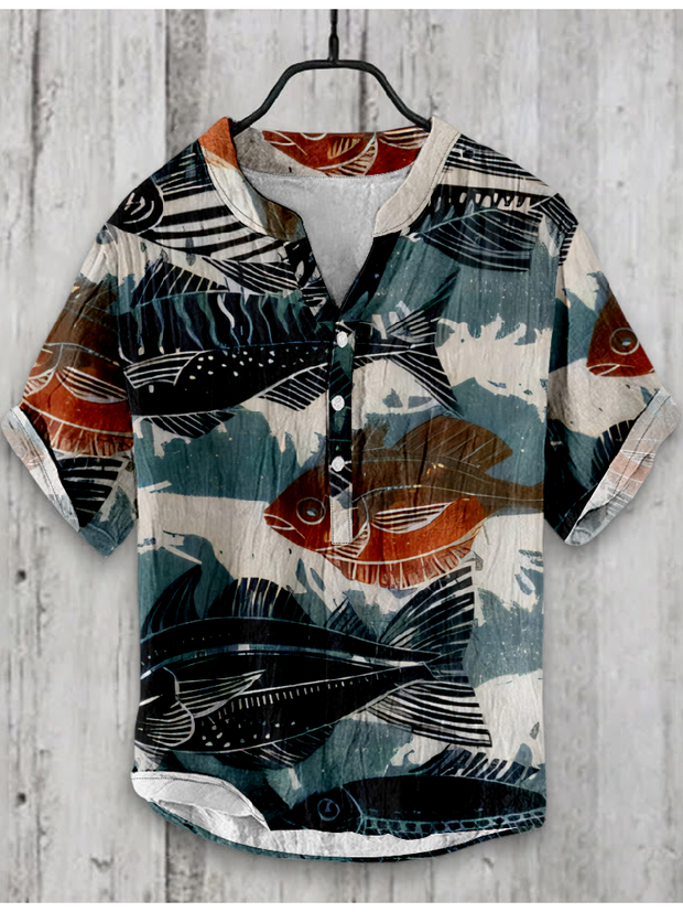 Japanese Fish Art Graphic Linen Blend Shirt