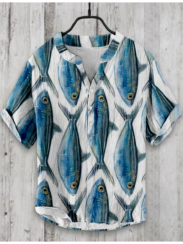 Japanese Fish Art Graphic Linen Blend Shirt