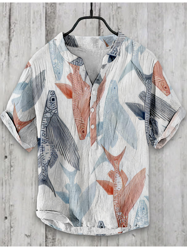 Japanese Fish Art Graphic Linen Blend Shirt