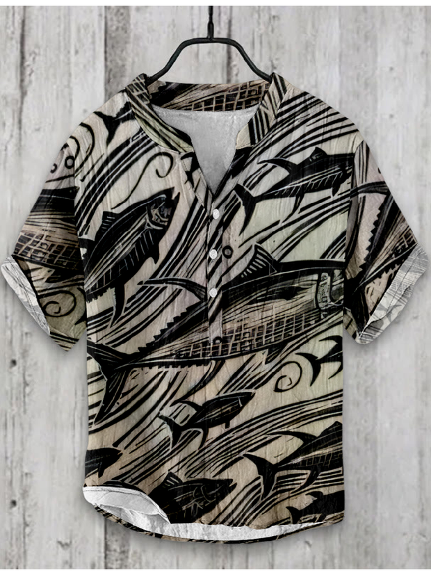 Japanese Fish Art Graphic Linen Blend Shirt