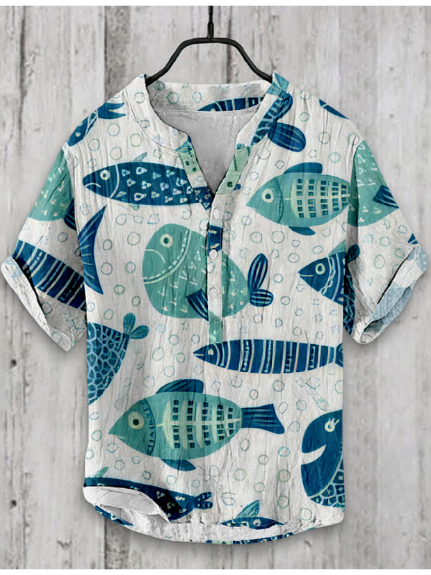 Japanese Fish Art Graphic Linen Blend Shirt