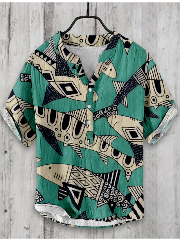 Japanese Fish Art Graphic Linen Blend Shirt