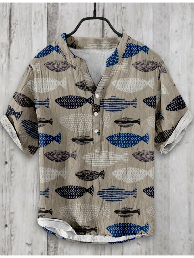 Japanese Fish Art Graphic Linen Blend Shirt