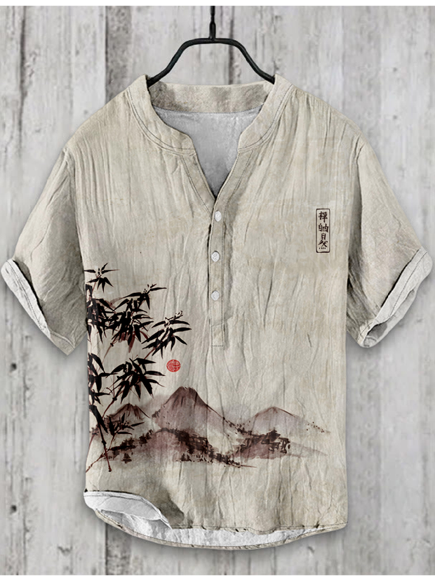 Japanese Ink Painting Floral Mountain Art Linen Blend Comfort Shirt