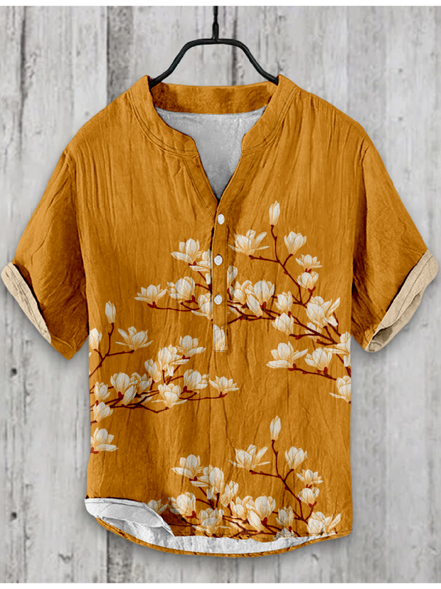 Floral Blossom Traditional Japanese Art Linen Blend Shirt