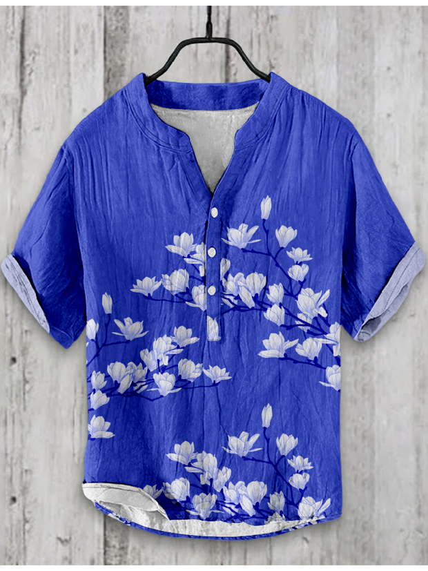 Floral Blossom Traditional Japanese Art Linen Blend Shirt