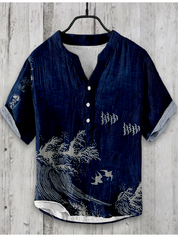 Men's Vintage Japanese Art Wave Linen Blend Shirt