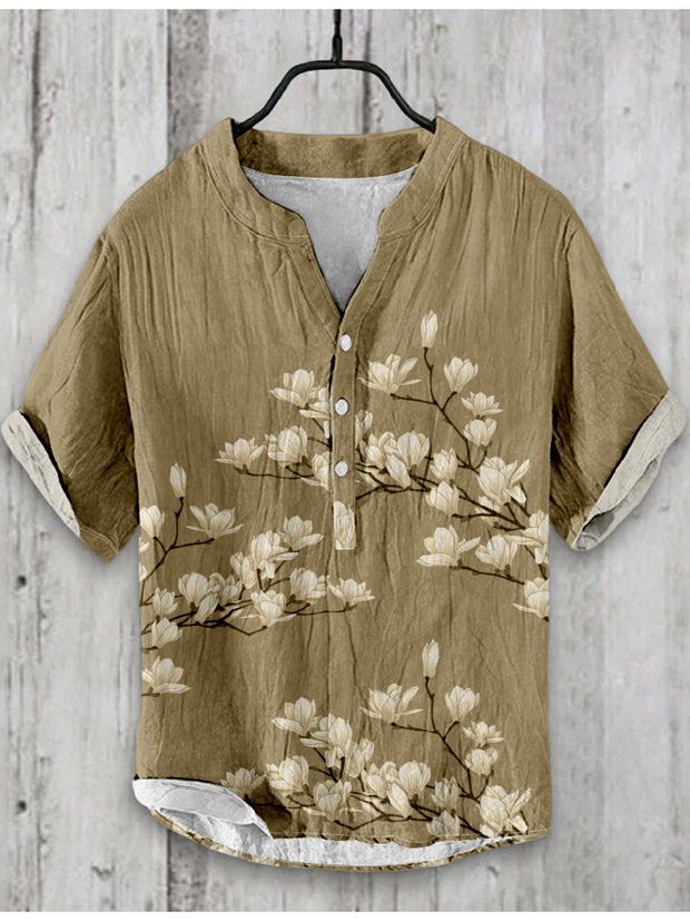 Floral Blossom Traditional Japanese Art Linen Blend Shirt