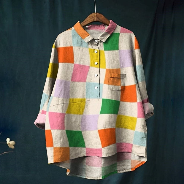 Women's Colorful Geometric Grid Print Casual Cotton And Linen Shirt