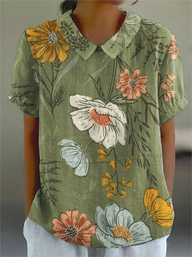 Women's Flower Art Print Casual Cotton And Linen Shirt