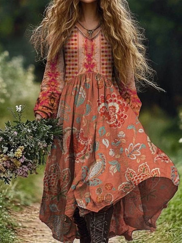 Vintage Bohemian floral art print vintage chic V-neck long sleeved midi dress