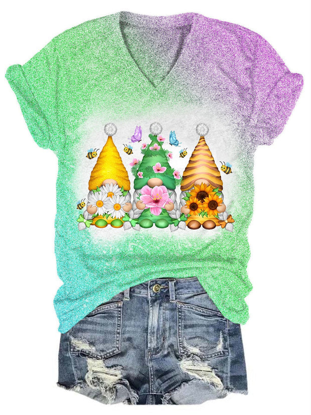 Spring Genius Gnome Gradient Glitter V Neck T-shirt