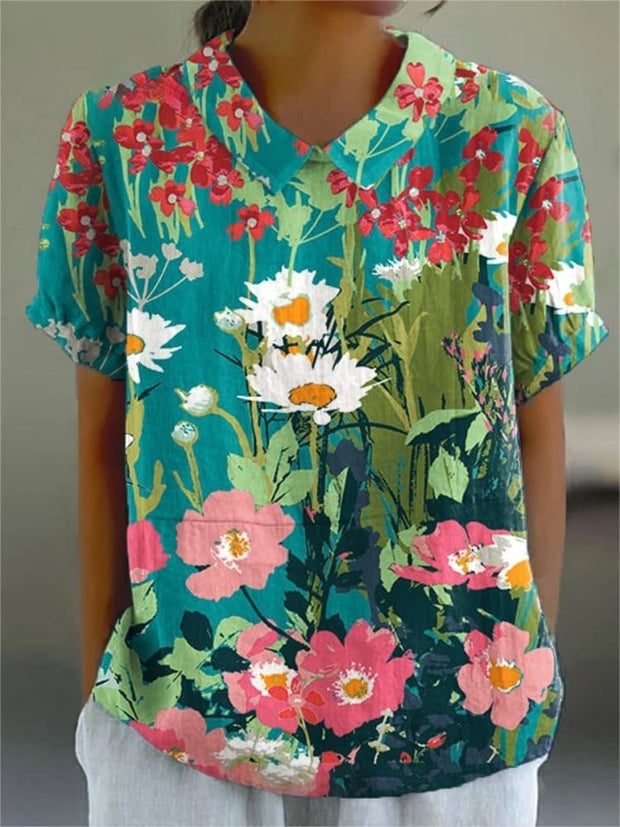 Women's Flower Art Print Casual Cotton And Linen Shirt