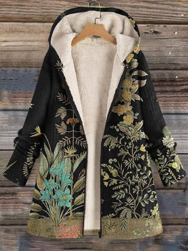 Women's Botanical Pattern Art Print Casual Winter Warm and Comfortable Long Sleeve Wool Jacket