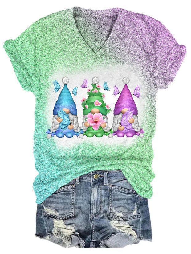 Gnome Gradient Glitter V Neck T-shirt