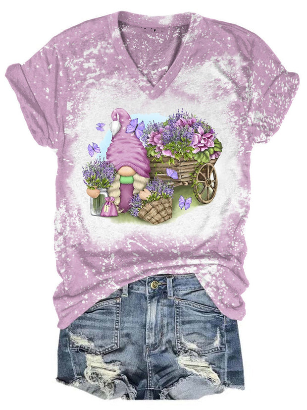 Lavender Gnome Flower V Neck T-shirt