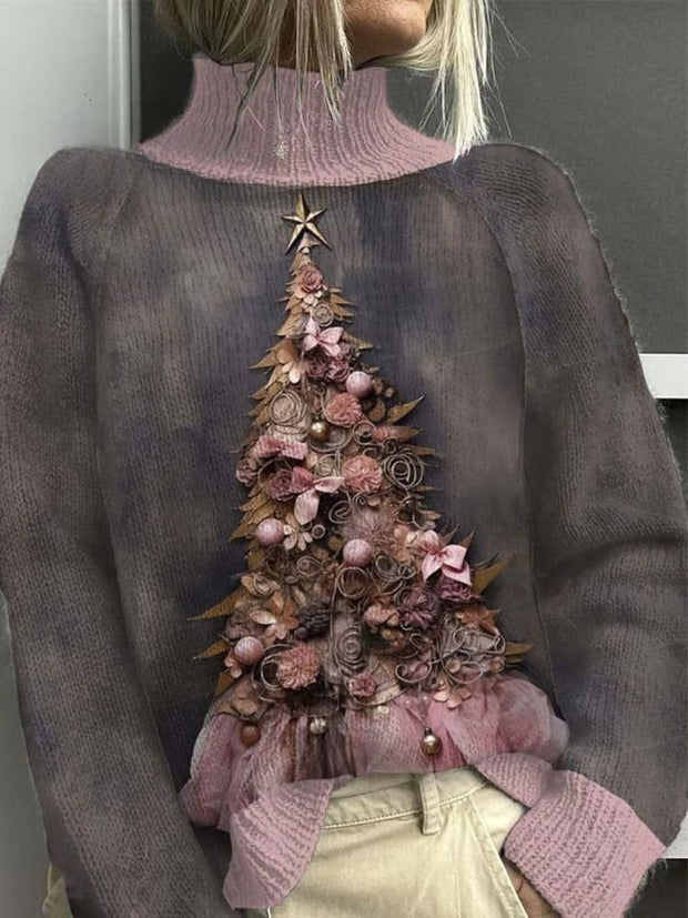 Women's Lovely Christmas Tree Art Print Knit Turtleneck Pullover Sweater