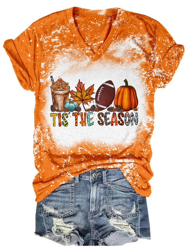 Tis The Season Football Pumpkin Tie Dye V Neck T-Shirt