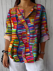 Fashion Design Colorful Line Stitching Printed Cotton And Linen Shirt