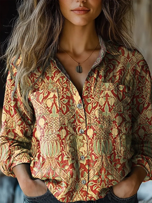 Women's Retro Ethnic Pattern Art Print Casual Long Sleeve Comfortable Cotton Shirt