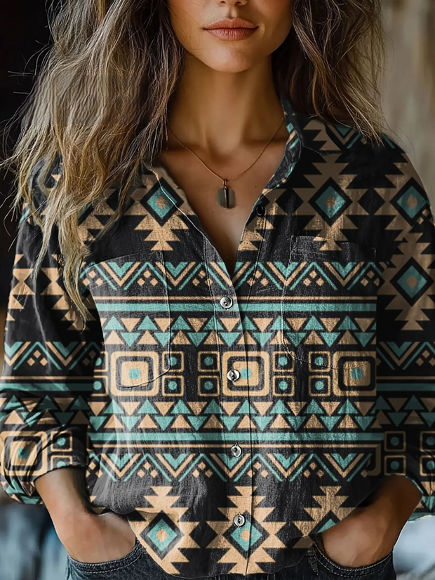 Women's Vintage Grey Aztec Print Casual Long Sleeve Comfortable Cotton Shirt